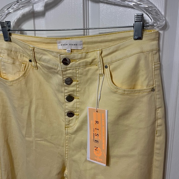 RISEN: PALE YELLOW High Rise button fly distressed Ankle Straight Pant 32! - Picture 4 of 6